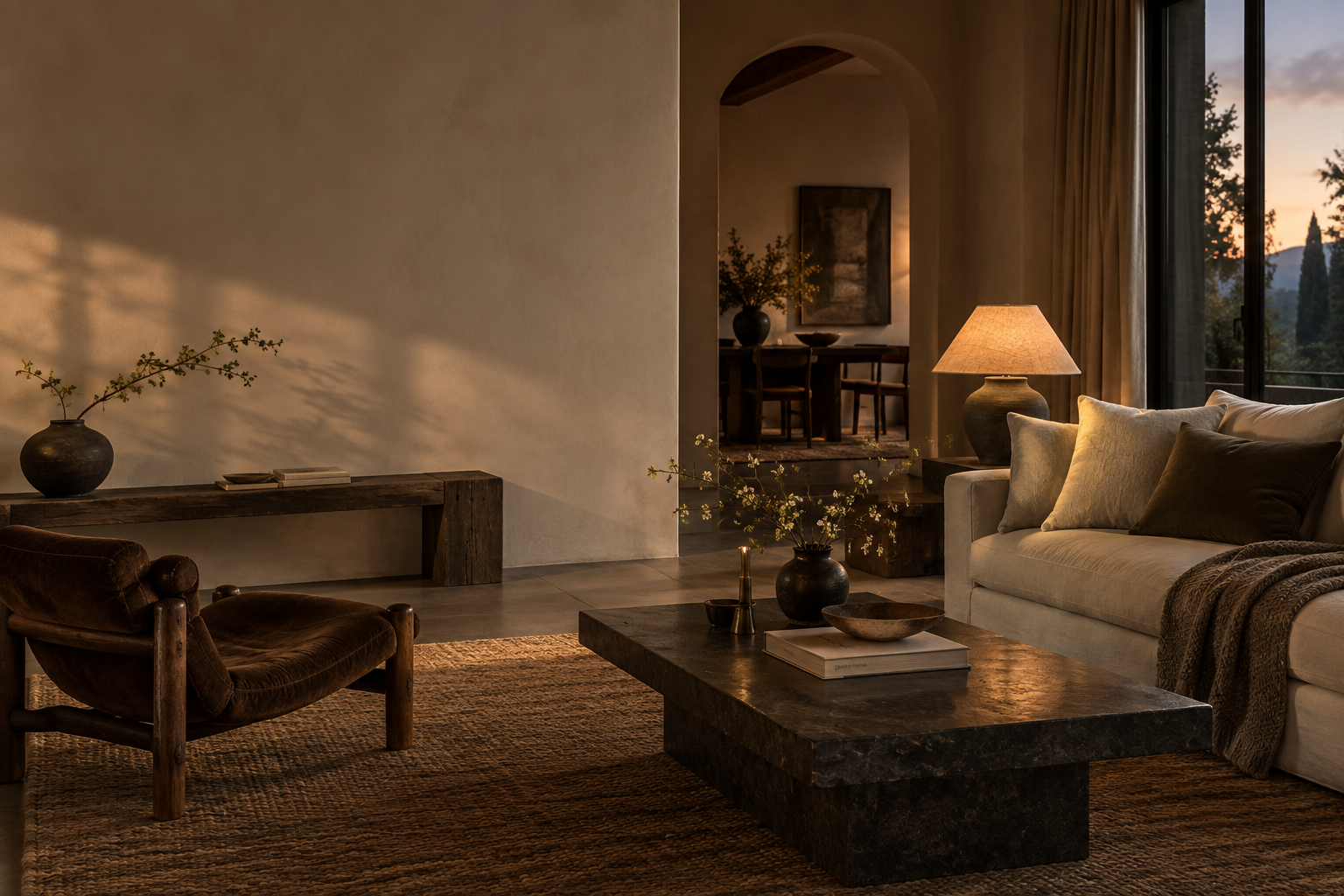A warmly lit, layered interior in ivory, walnut, and dark stone